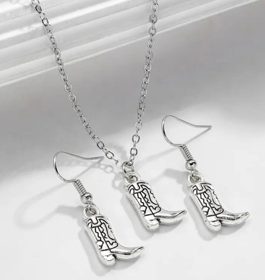 Dainty Cowboy Boots Western Design Silver Plated Necklace And Earring Set