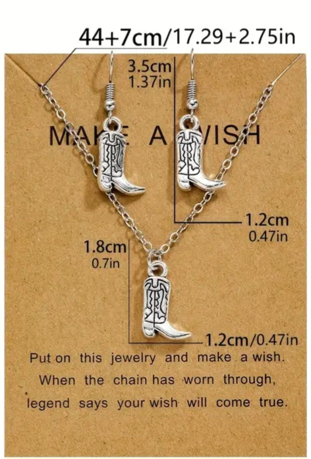 Dainty Cowboy Boots Western Design Silver Plated Necklace And Earring Set