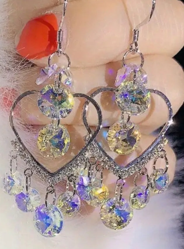 Crystal Multi-Colour Rhinestine Heart Shape Chandelier Silver Plated Dangle Drop Earrings