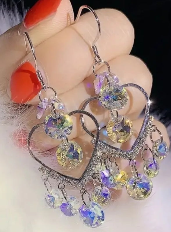 Crystal Multi-Colour Rhinestine Heart Shape Chandelier Silver Plated Dangle Drop Earrings