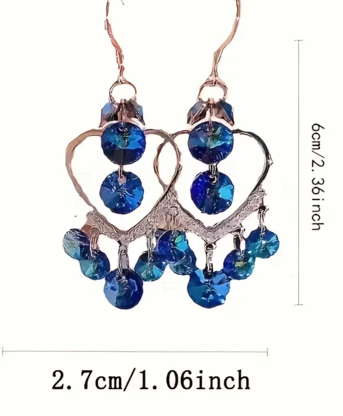 Crystal Blue Rhinestine Heart Shape Chandelier Silver Plated Dangle Drop Earrings