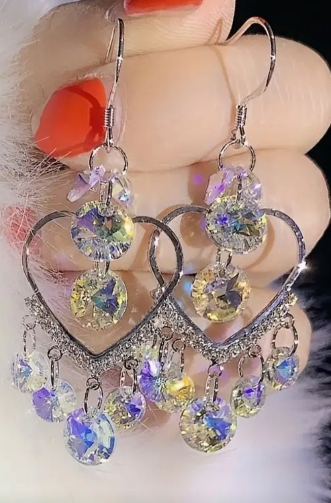 Crystal Multi-Colour Rhinestine Heart Shape Chandelier Silver Plated Dangle Drop Earrings