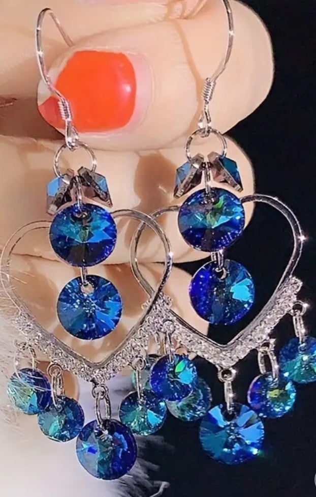 Crystal Blue Rhinestine Heart Shape Chandelier Silver Plated Dangle Drop Earrings