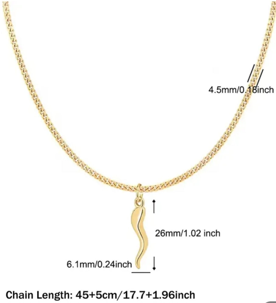 Cornicello Cornetto Corno Italian Good Luck Horn Chillies Gold Plated Charm On Flat Chain Necklace