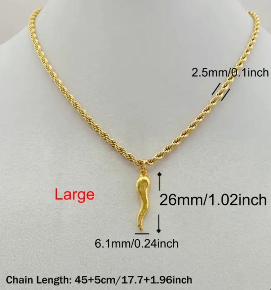 Cornicello Cornetto Corno Italian Good Luck Horn Chillies Gold Plated Charm On Twist Chain Necklace