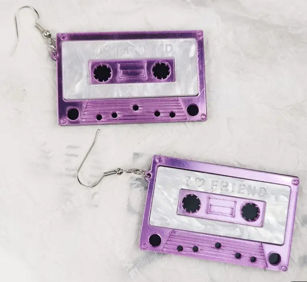 80s Purple Cassette Tape Retro Metalic Design Acrylic With Stainless Steel Hooks Dangle Earrings