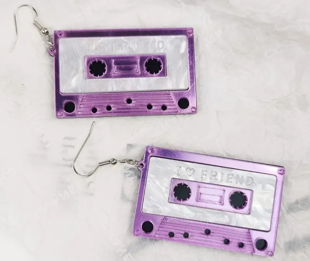 80s Purple Cassette Tape Retro Metalic Design Acrylic With Stainless Steel Hooks Dangle Earrings