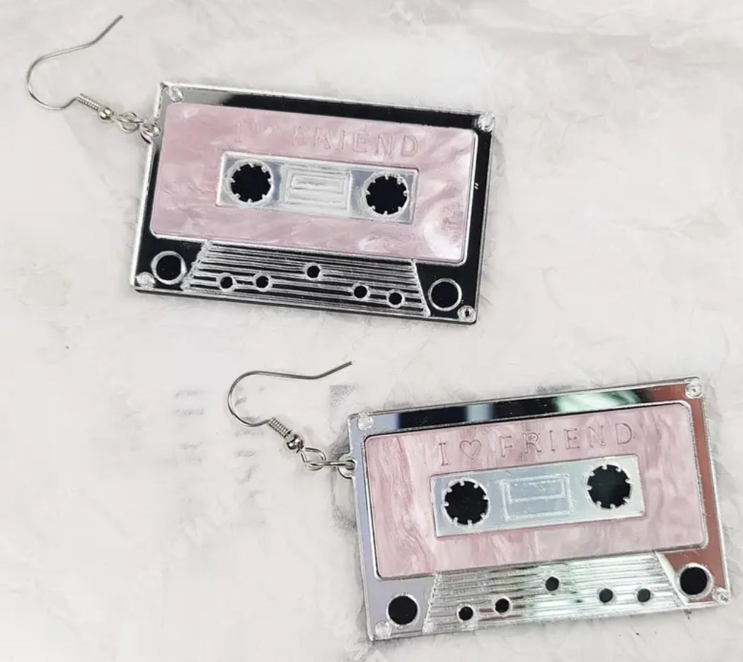 80s Pink Silver Cassette Tape Retro Metalic Design Acrylic With Stainless Steel Hooks Dangle Earrings