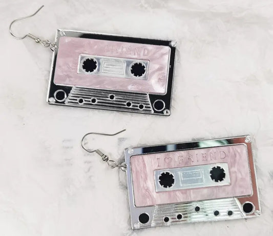 80s Pink Silver Cassette Tape Retro Metalic Design Acrylic With Stainless Steel Hooks Dangle Earrings