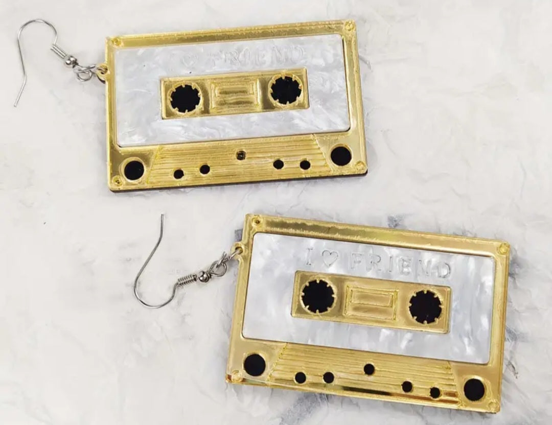 80s Gold Cassette Tape Retro Metalic Design Acrylic With Stainless Steel Hooks Dangle Earrings