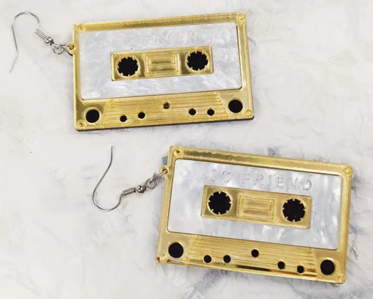 80s Gold Cassette Tape Retro Metalic Design Acrylic With Stainless Steel Hooks Dangle Earrings