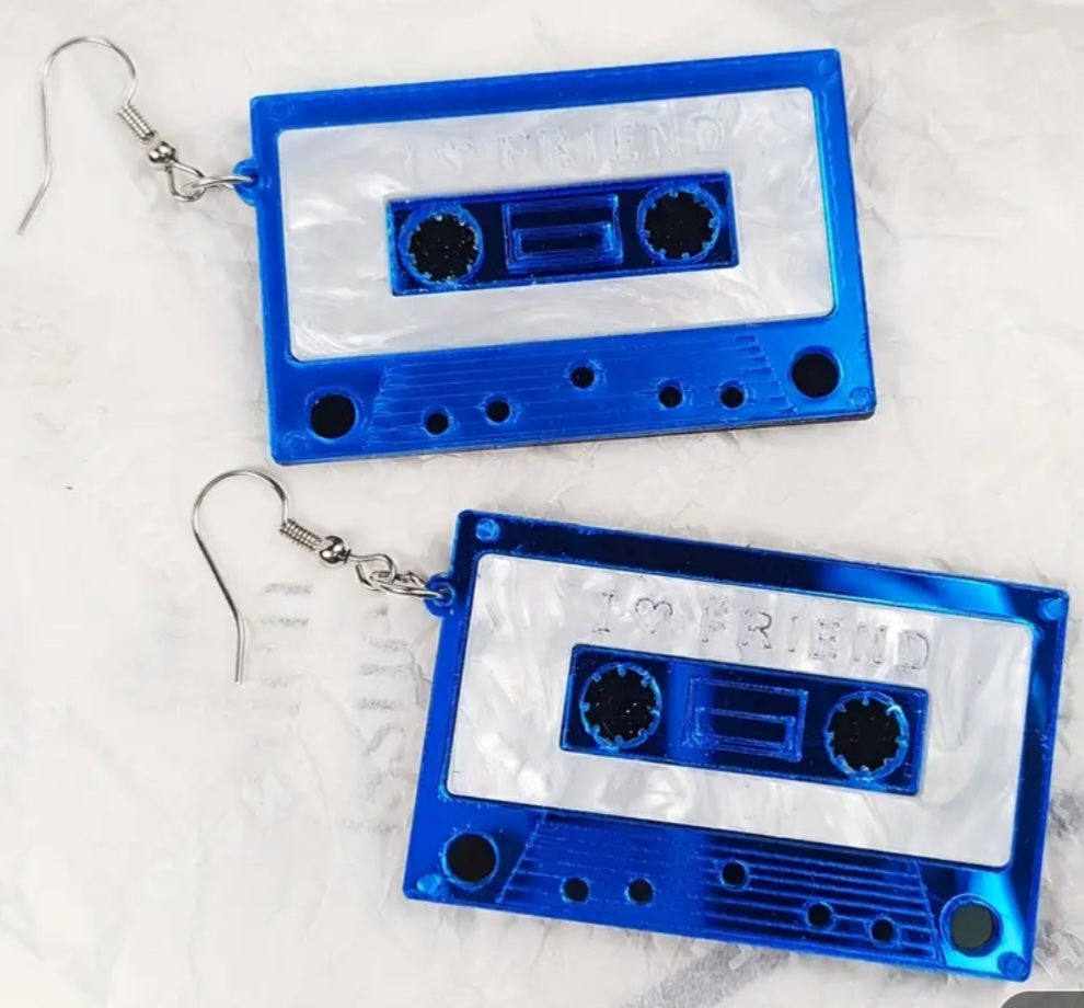 80s Blue Cassette Tape Retro Metalic Design Acrylic With Stainless Steel Hooks Dangle Earrings