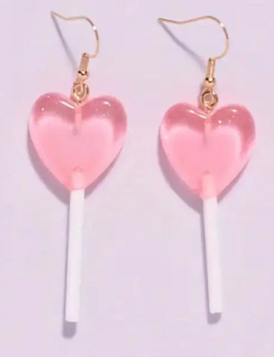 Candy Heart Haped Pink Lolly Pop Acrylic Dangle Earrings