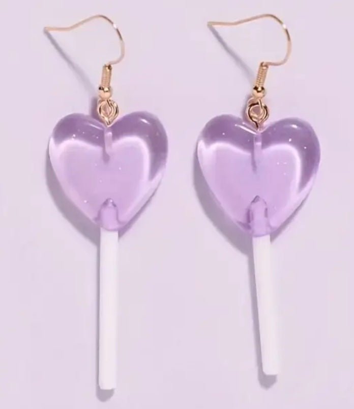 Candy Heart Haped Purple Lolly Pop Acrylic Dangle Earrings