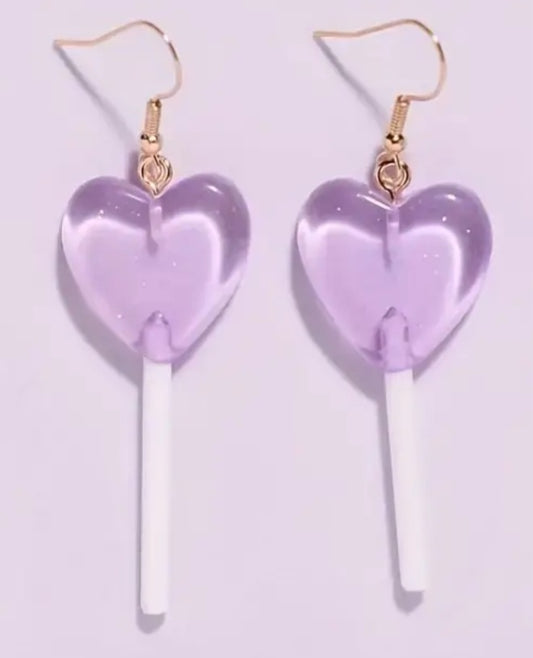 Candy Heart Haped Purple Lolly Pop Acrylic Dangle Earrings