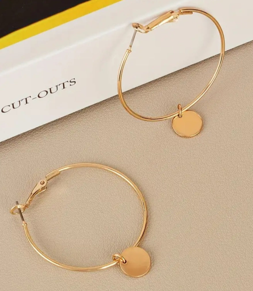 Gold Plated Large Thin Hoop Earrings With Removable Circle Disc Charms 2 Looks!!