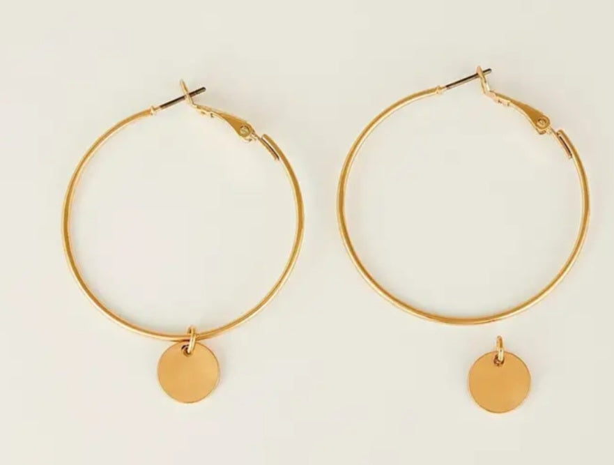 Gold Plated Large Thin Hoop Earrings With Removable Circle Disc Charms 2 Looks!!