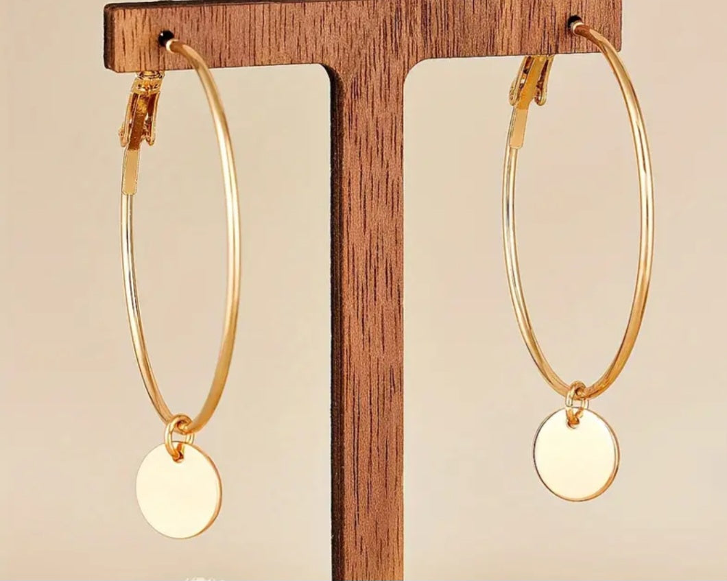 Gold Plated Large Thin Hoop Earrings With Removable Circle Disc Charms 2 Looks!!