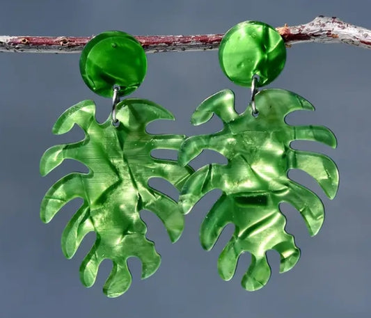 Acrylic Green Pearlized Palm Leaf Tropical Large Drop Dangle Earrings