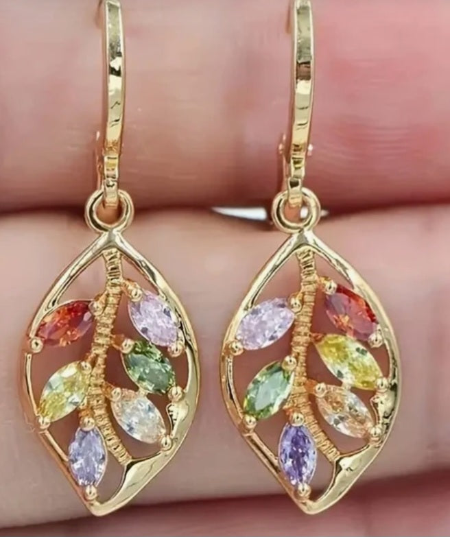 Colourful Jewel Gem Rhinestone Set Leaf Leaves Design Gold Plated Drop Dangle Earrings