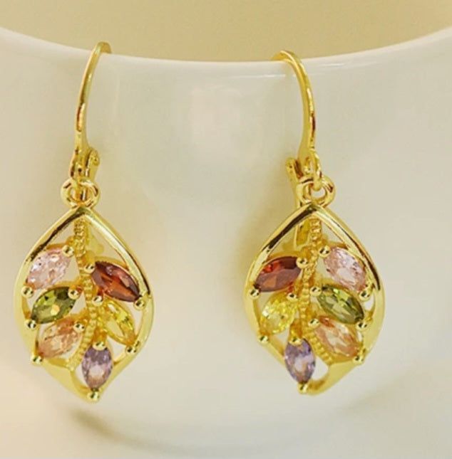 Colourful Jewel Gem Rhinestone Set Leaf Leaves Design Gold Plated Drop Dangle Earrings