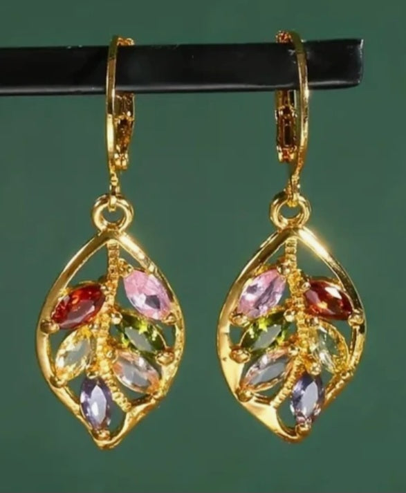 Colourful Jewel Gem Rhinestone Set Leaf Leaves Design Gold Plated Drop Dangle Earrings