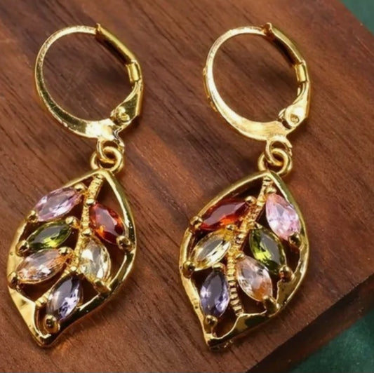 Colourful Jewel Gem Rhinestone Set Leaf Leaves Design Gold Plated Drop Dangle Earrings