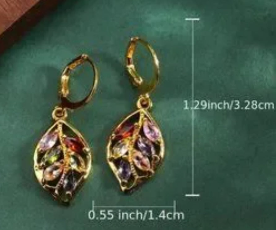 Colourful Jewel Gem Rhinestone Set Leaf Leaves Design Gold Plated Drop Dangle Earrings