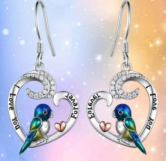 Heart And Bird I Love You Forever Rhinestone Set Silver Plated Drop Earrings