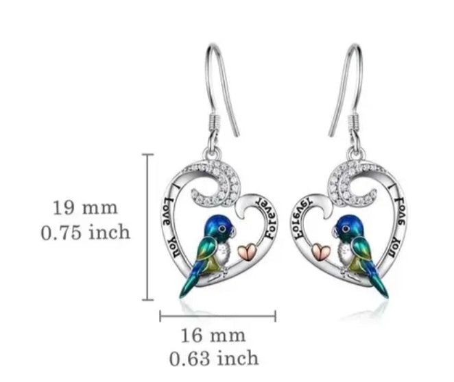 Heart And Bird I Love You Forever Rhinestone Set Silver Plated Drop Earrings
