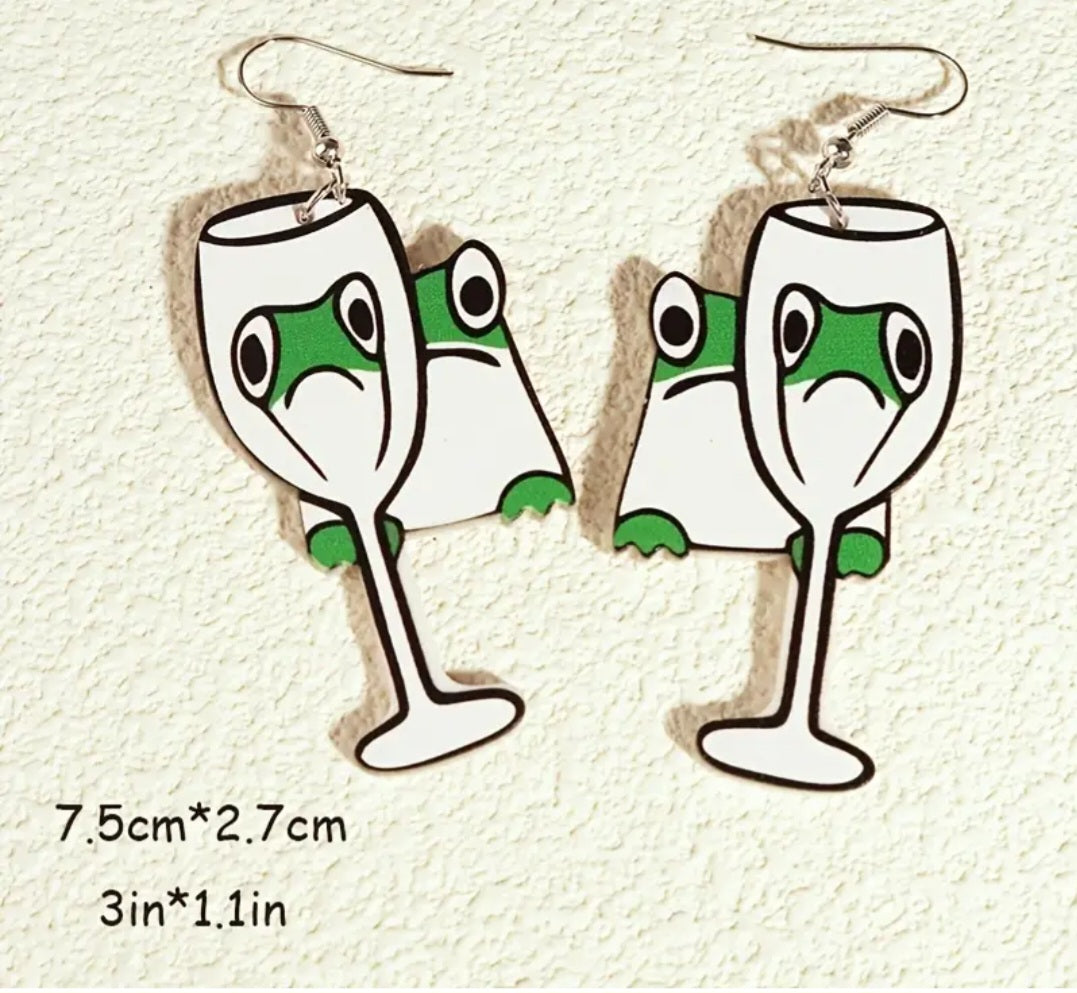 Acrylic Frog Looking Through Wine Glass Design Dangle Earrings