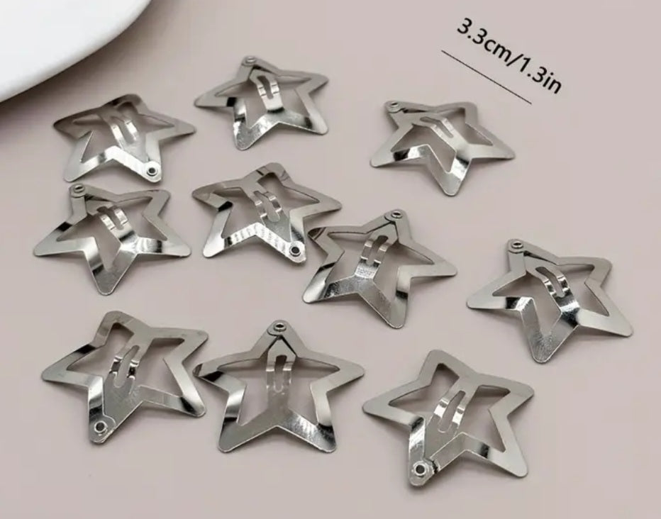 Silver Plated Metal Star Hair Clips x 10