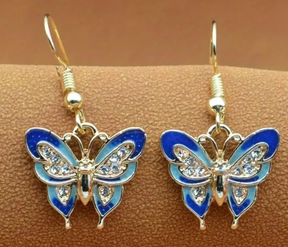 Blue Butterfly Enamel Rhinestone Gold plated Metal Dangle Earrings