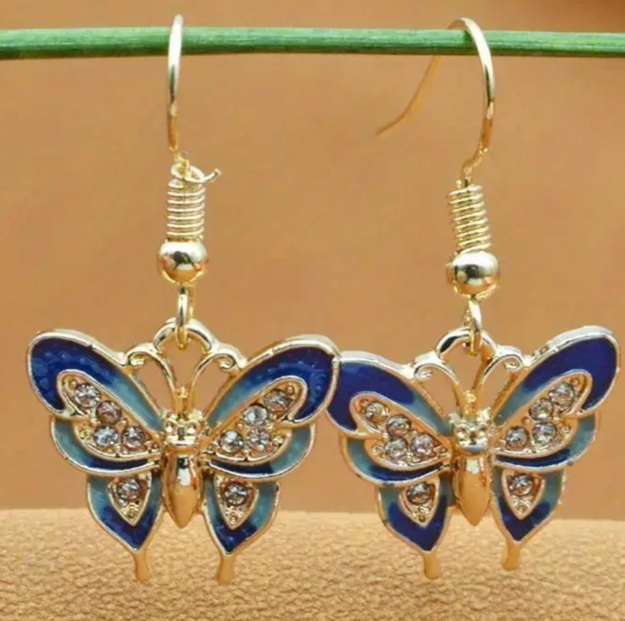 Blue Butterfly Enamel Rhinestone Gold plated Metal Dangle Earrings