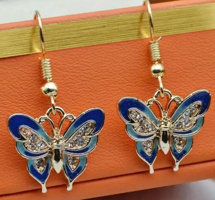 Blue Butterfly Enamel Rhinestone Gold plated Metal Dangle Earrings