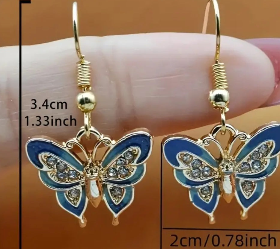 Blue Butterfly Enamel Rhinestone Gold plated Metal Dangle Earrings