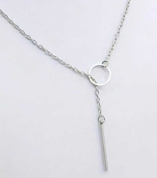 Elegant Dainty Short Chain Circle Ring And Bar Design Silver Plated Necklace