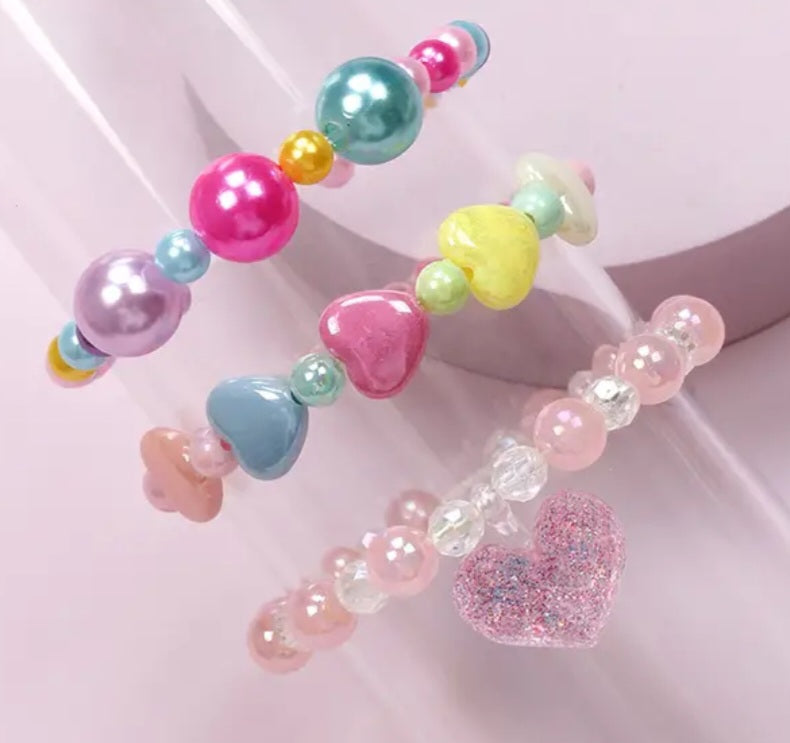 Colourful Acrylic Bead Hearts Balls Super Fun Elastic Bracelets Set Of 3