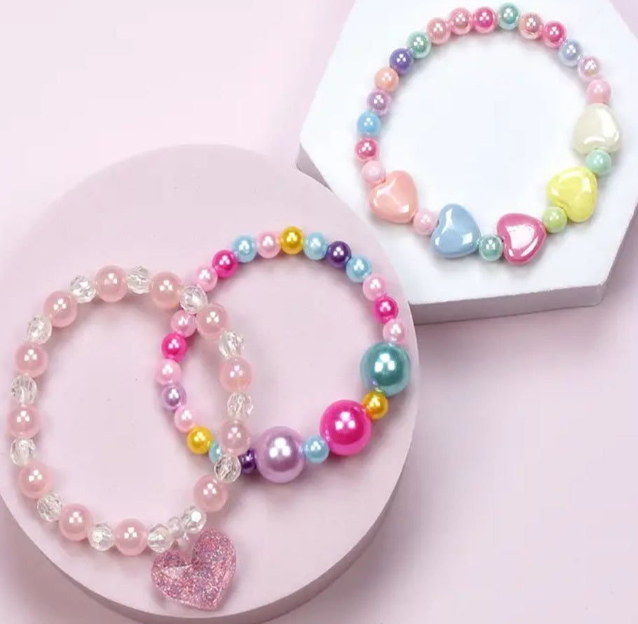 Colourful Acrylic Bead Hearts Balls Super Fun Elastic Bracelets Set Of 3