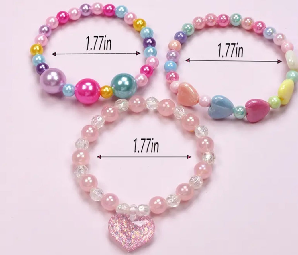 Colourful Acrylic Bead Hearts Balls Super Fun Elastic Bracelets Set Of 3