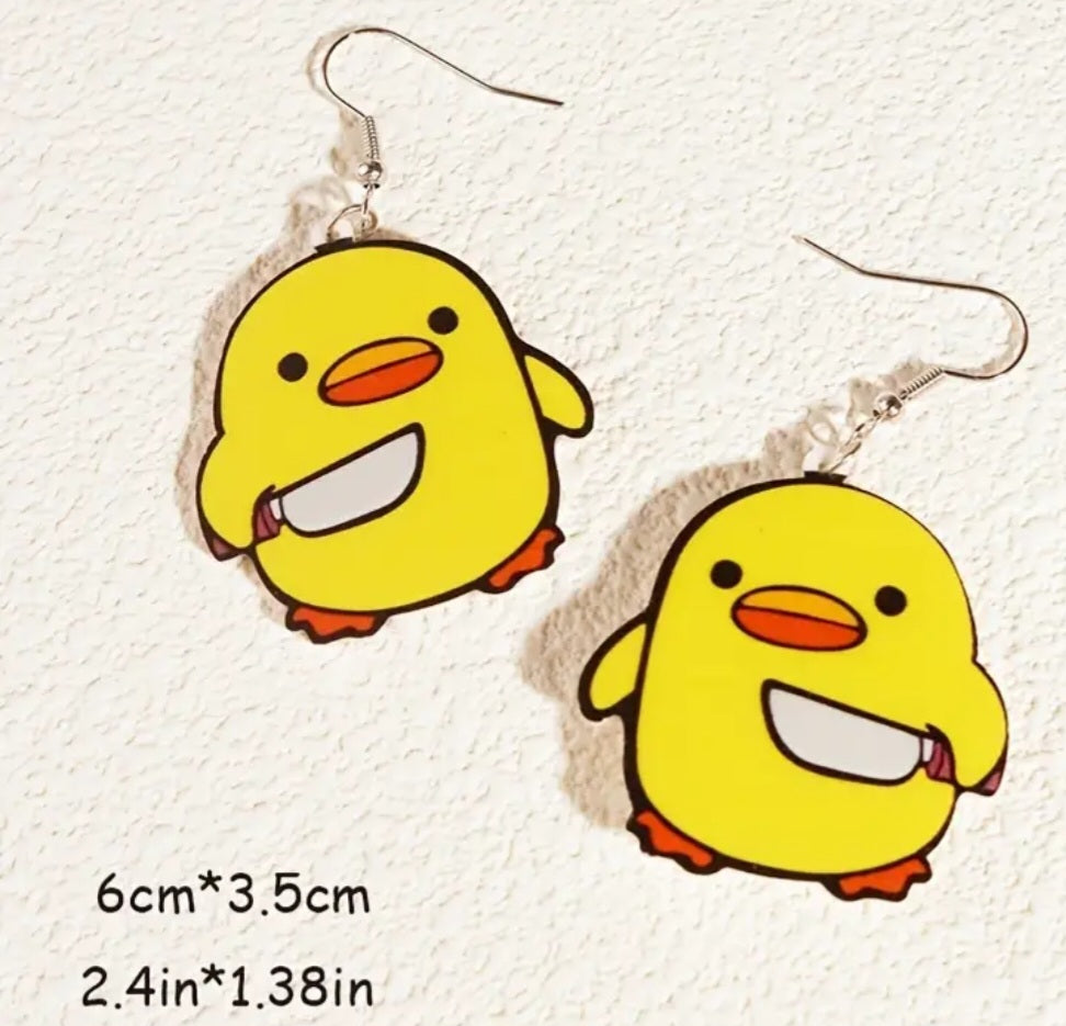 Acrylic Duck Looking Through Wine Glass Design Dangle Earrings