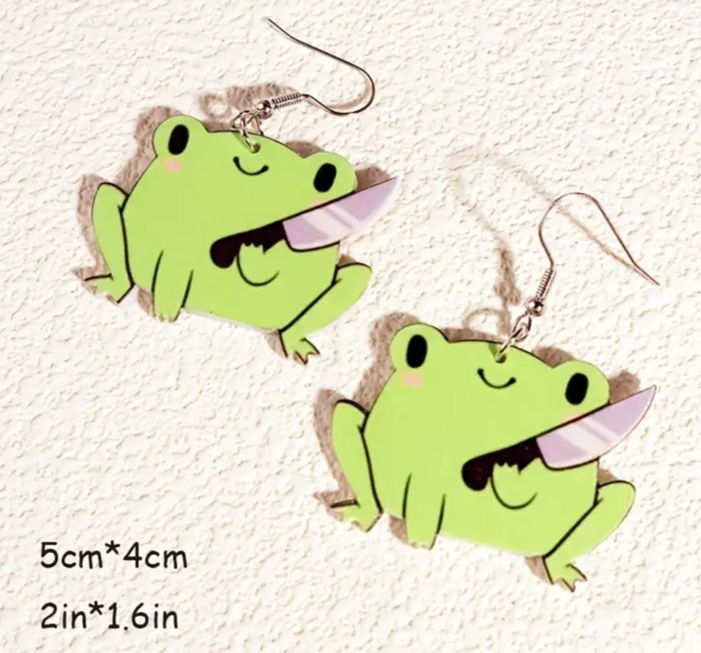 Acrylic Cartoon Frog Sitting With Knife Design Dangle Earrings