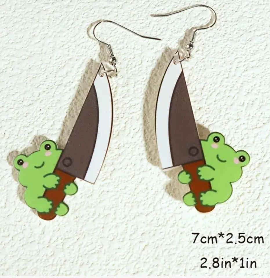 Acrylic Cartoon Frog Holding Knife Design Dangle Earrings