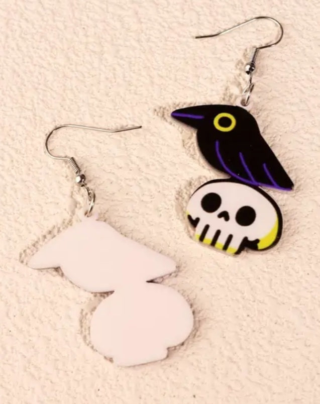 Acrylic Cartoon Black Crow Raven On Skull Dangle Earrings