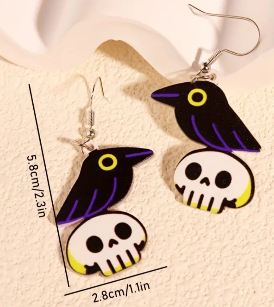 Acrylic Cartoon Black Crow Raven On Skull Dangle Earrings