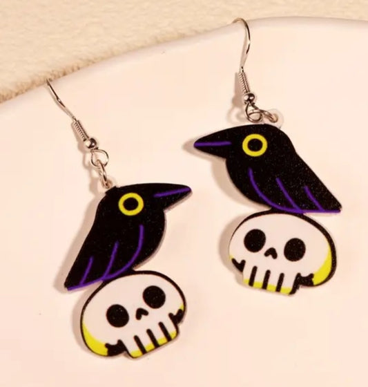 Acrylic Cartoon Black Crow Raven On Skull Dangle Earrings