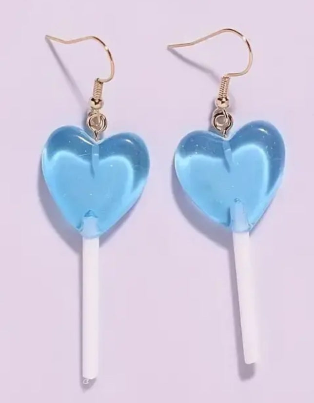 Candy Heart Haped Blue Lolly Pop Acrylic Dangle Earrings