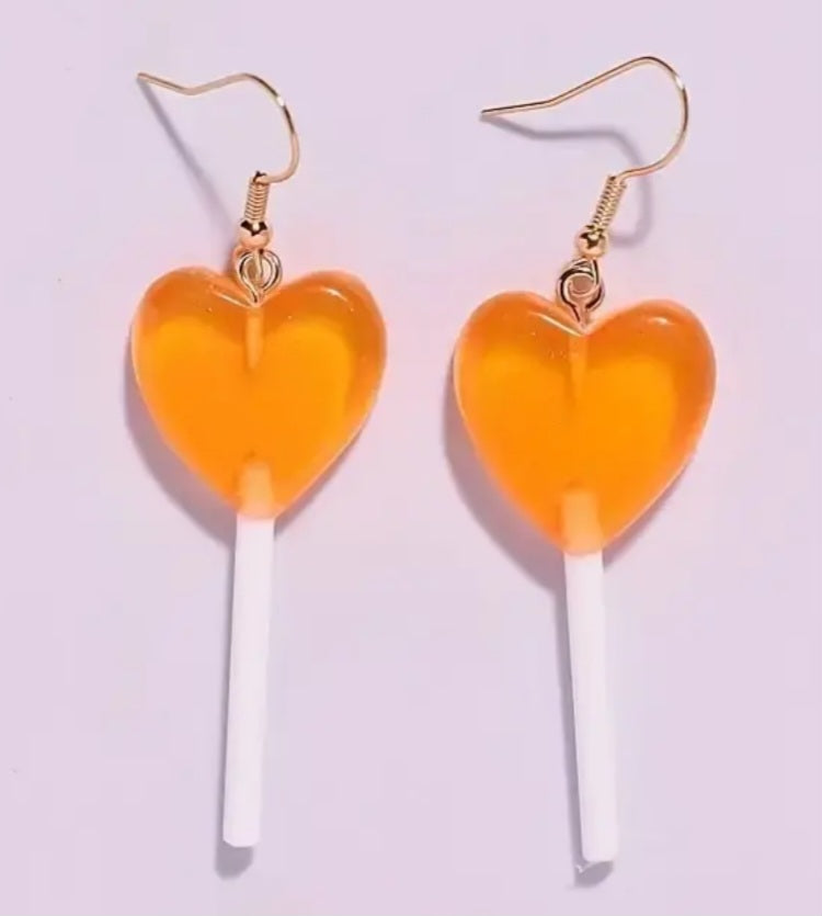Candy Heart Shaped Orange Lolly Pop Lollipop Acrylic Dangle Earrings