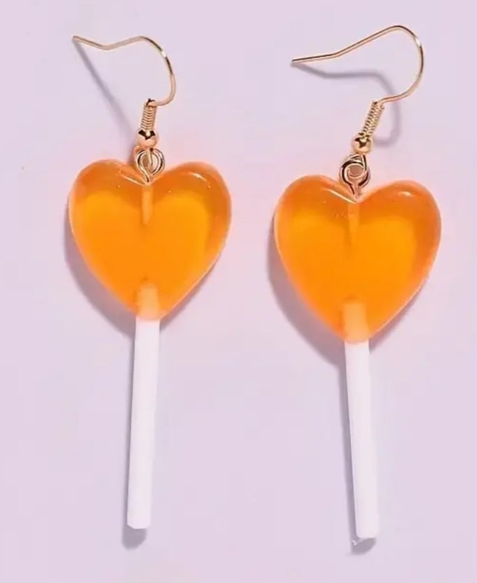 Candy Heart Shaped Orange Lolly Pop Lollipop Acrylic Dangle Earrings