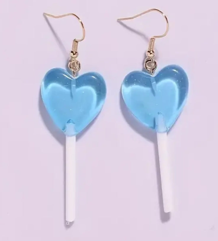 Candy Heart Haped Blue Lolly Pop Acrylic Dangle Earrings